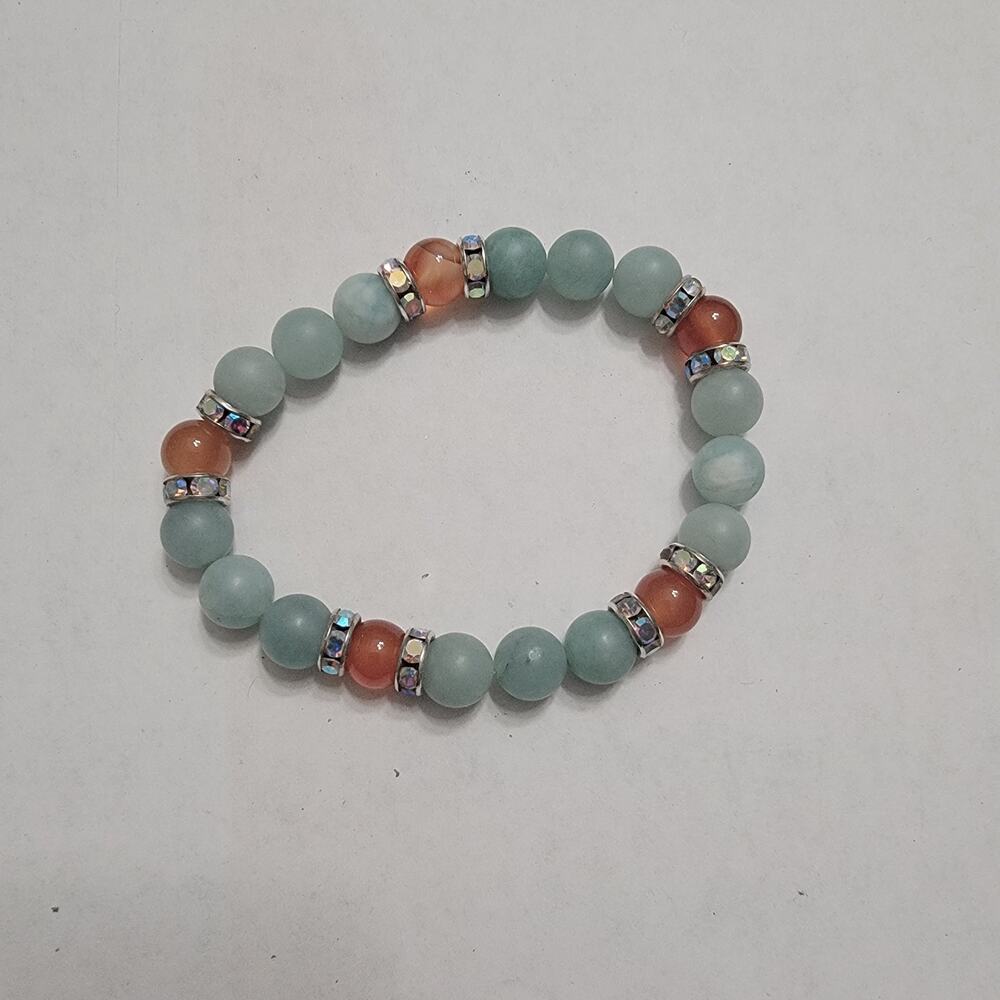 Vintage Aqua Matte Bead Stretch Bracelet w/ Peach Accents & Rhinestone Spacers